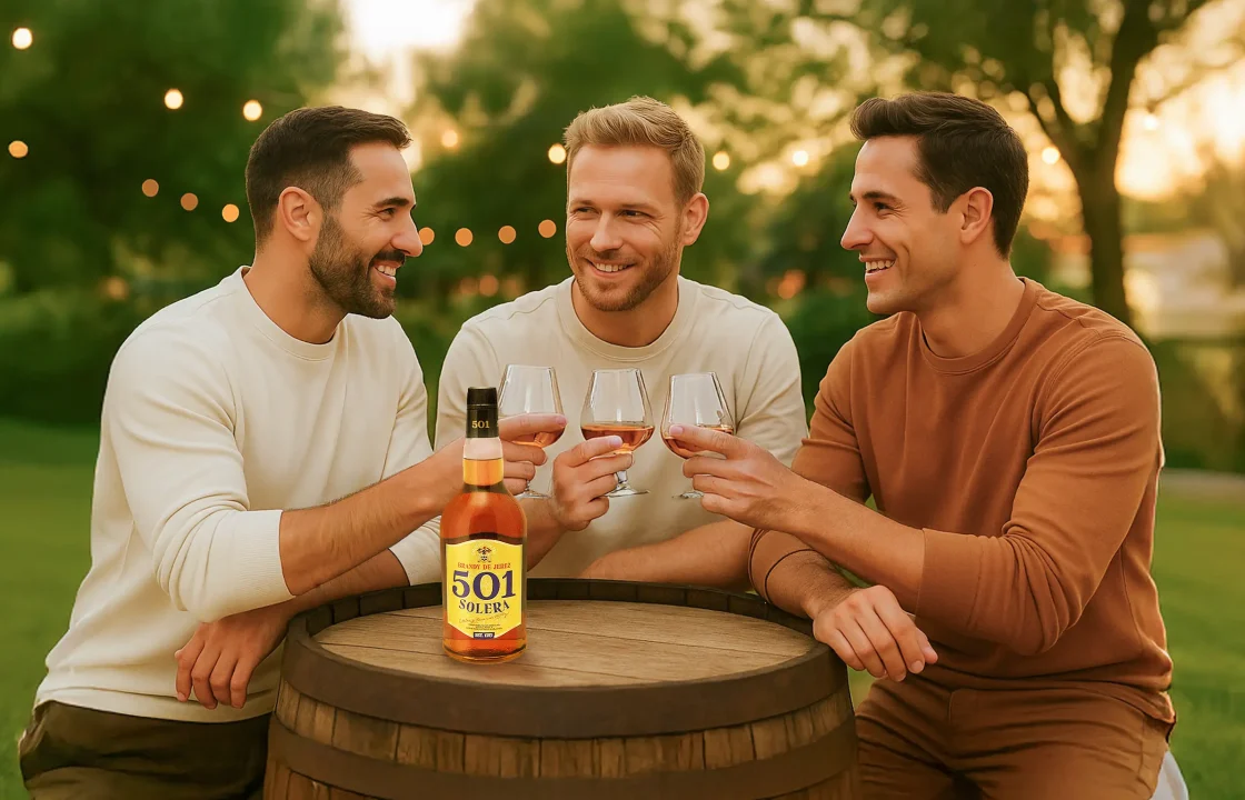 3 muži, priatelia pijú brandy 501