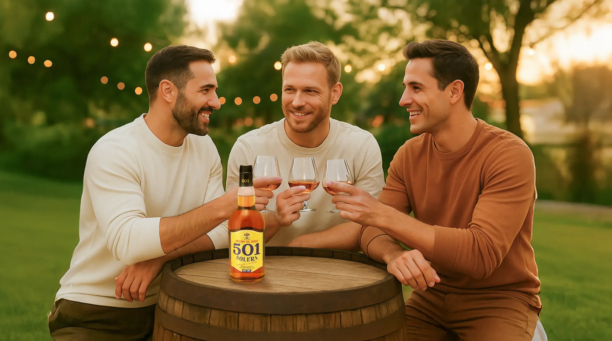 3 muži, priatelia pijú brandy 501